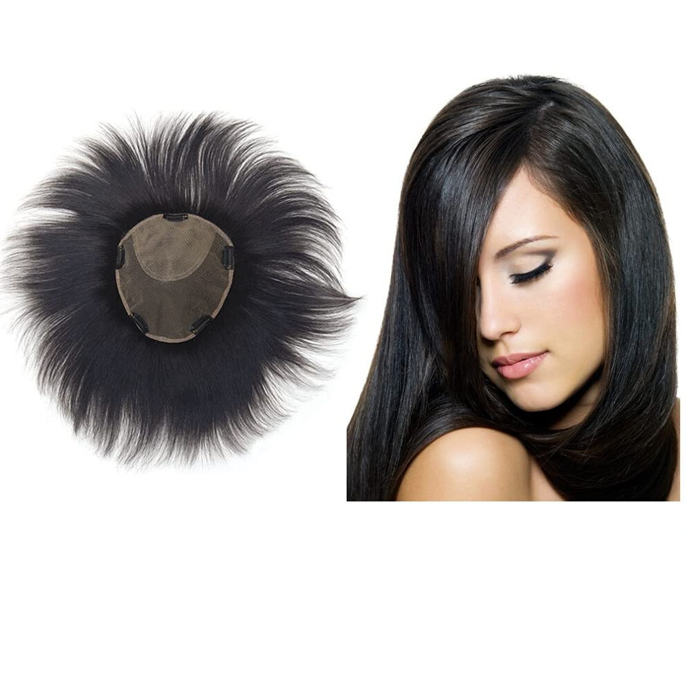 Unisex Black Virgin Human Hair Topper For Thinning Hair, Full Lace Hairpiece 18X20cm 8 Inch Natural