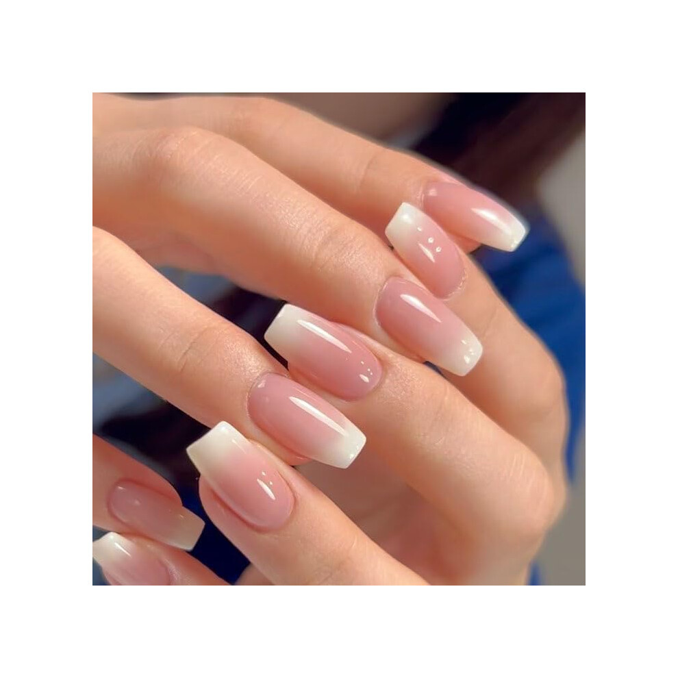 Pink,White Pink White Gradient Coffin Press On Nails French Ombre Fake Nails Set With Glue For Women