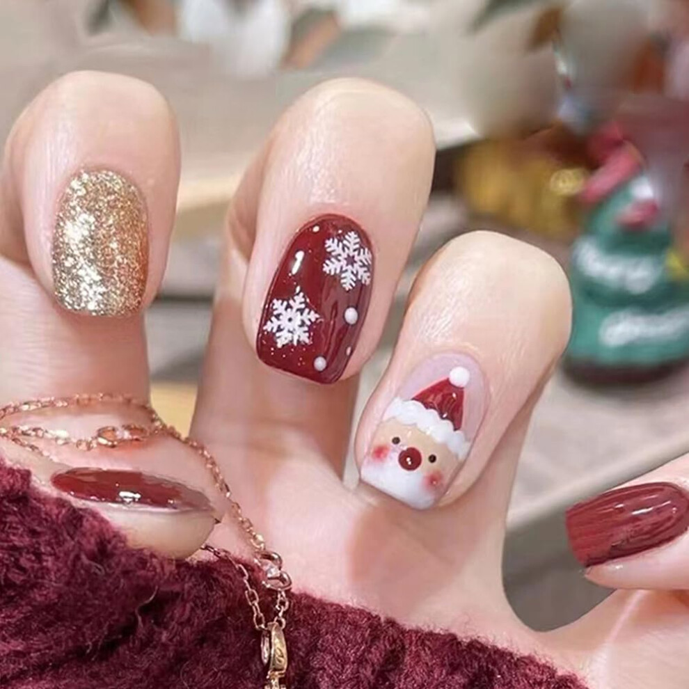 Red,Gold Christmas Press On Nails Short Square Fake Nails With Gold Red Snowflake Santa Claus Design And Glue
