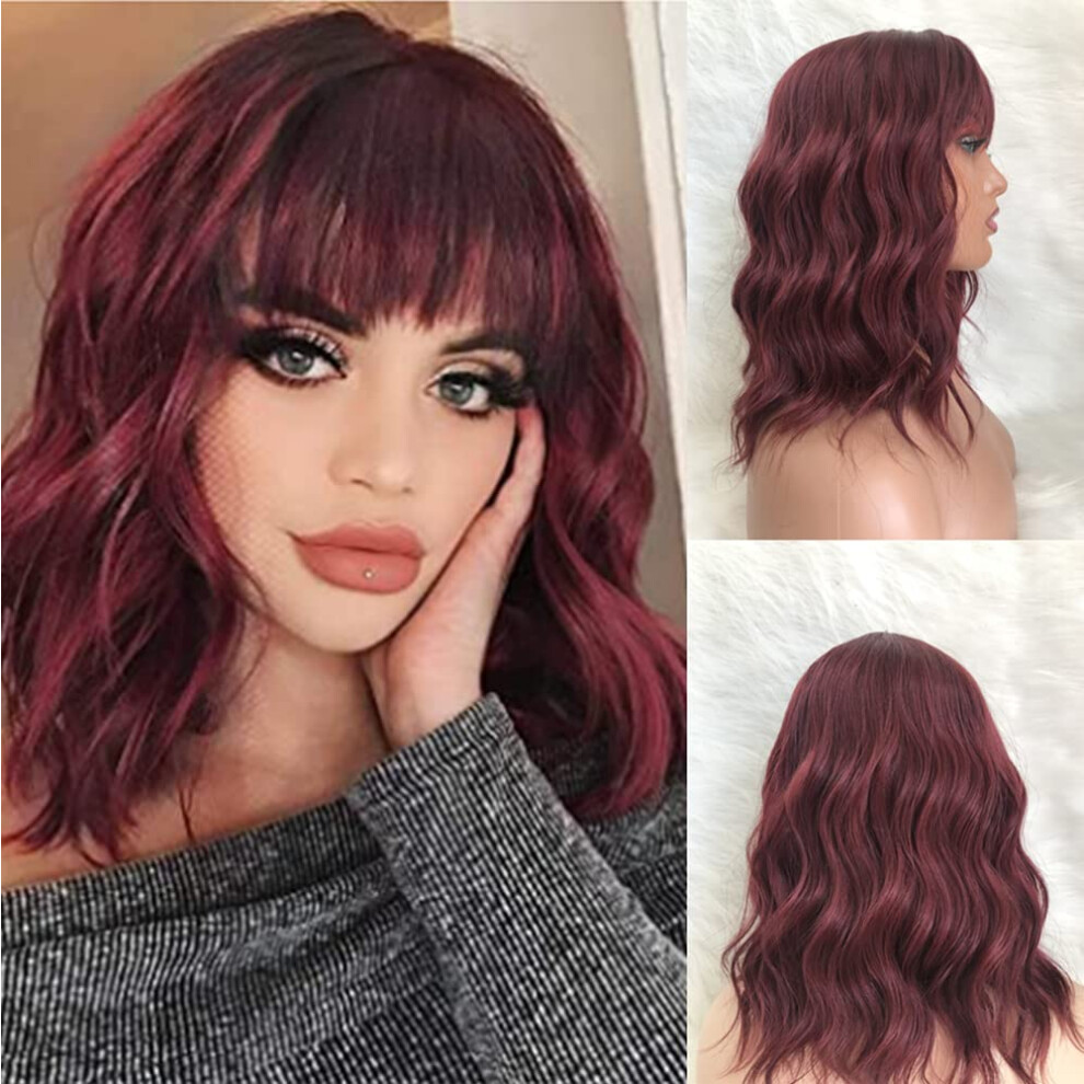 Unisex Red Synthetic Curly Bob Wig With Bangs 99J Wine Shoulder Length Wavy Wig For Women Heat Resistant