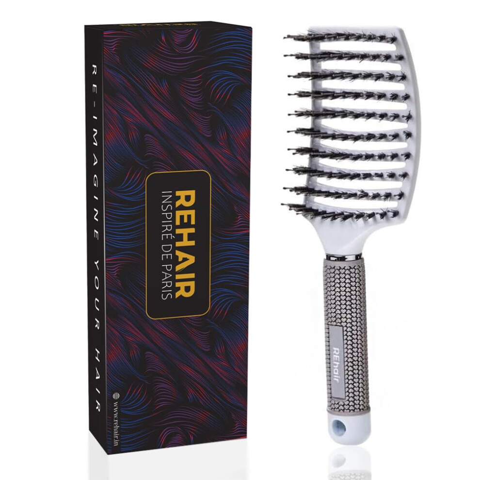 White Boar Bristle Detangling Hair Brush Pain Styling Vented Curved Oversized For All Hair Types