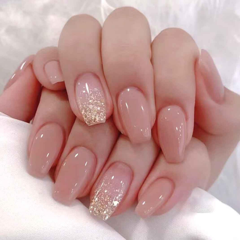 Cream Medium Coffin Nude Press On Nails, Reusable Acrylic Fake Nail Set With Glossy Finish, 24Pcs