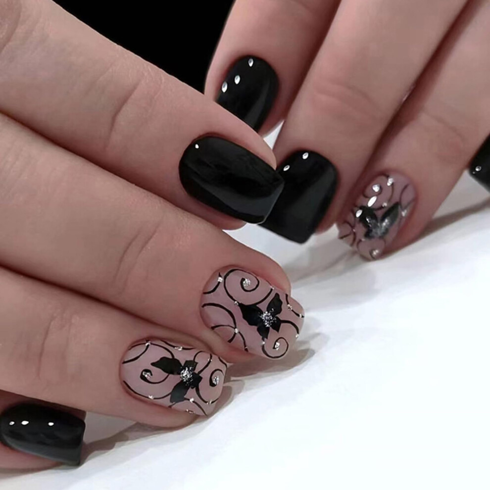 Black Short Coffin Press On Nails Glossy Reusable Acrylic False Nails For Women Instant Salon Look