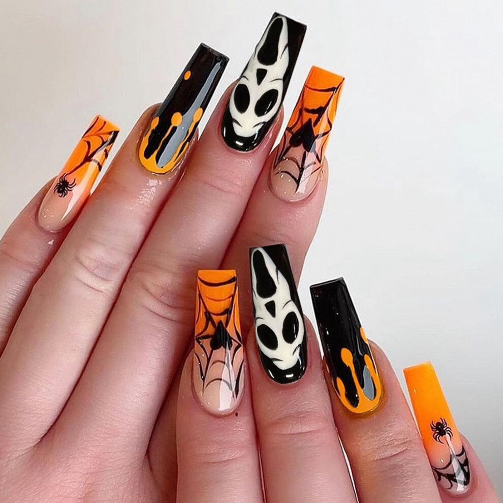 Long Coffin Press On Nails Set Halloween Ghost Spider Web Acrylic Full Cover with Glue 24Pcs