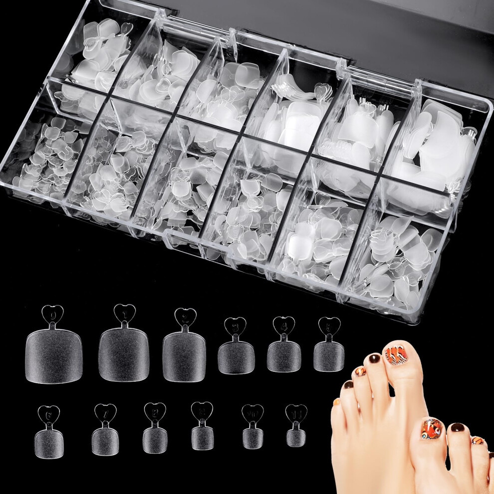 504pcs Press On Toenail Tips Clear Short Square Fake Toenails Complete Size Range with Storage Box