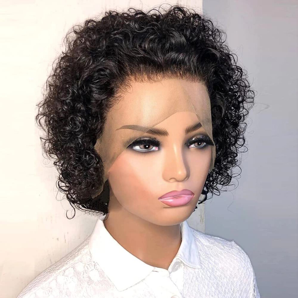 Unisex Black Human Hair Pixie Cut Wig Short Curly Brazilian Remy Lace Front Pre Plucked Glueless 150% Density