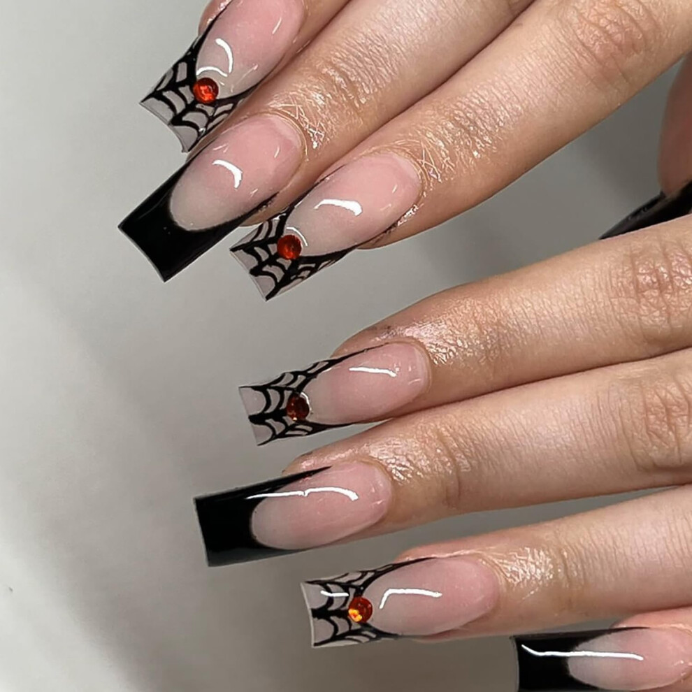 Black,Cream Halloween Coffin Press On Nails With Spider Web Rhinestones Black And Nude Acrylic False Nails Set 24Pcs