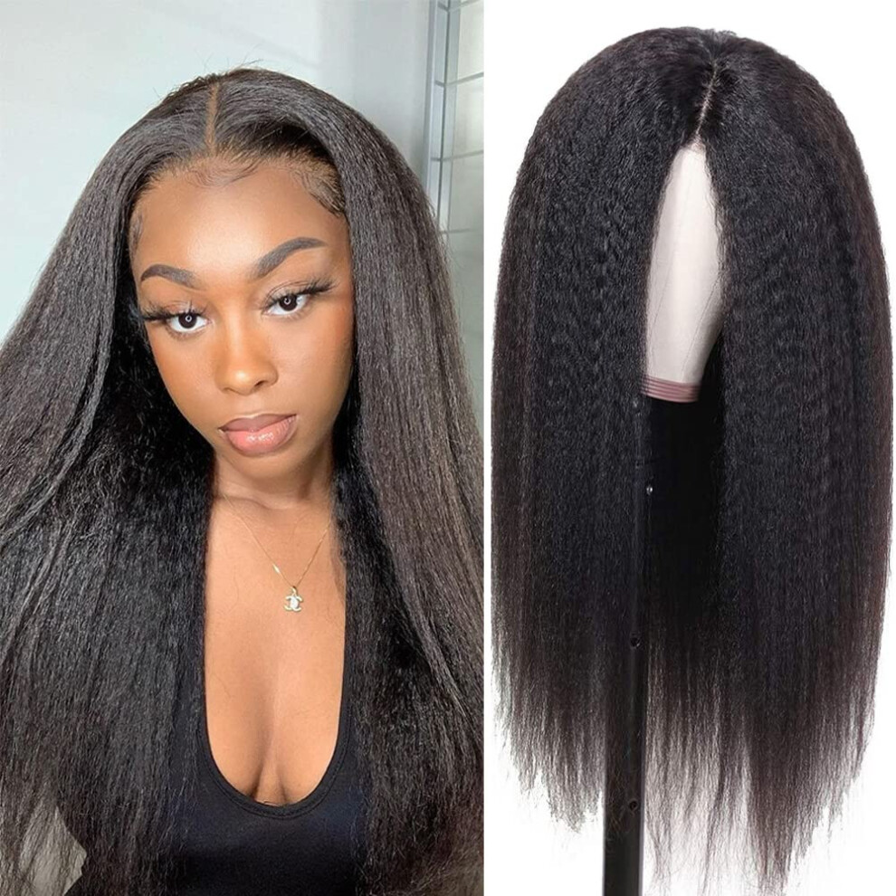 Unisex Black 26 Inch Yaki Straight Human Hair Lace Front Wig For Women Pre Plucked Hairline With Baby Hair
