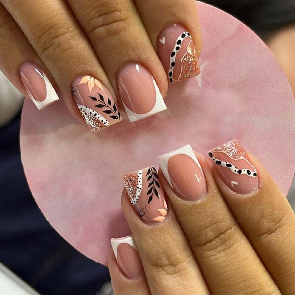 White,Gold Short French Tip Press On Nails Square White With Gold Leaf Wedding Acrylic False Nails 24Pcs