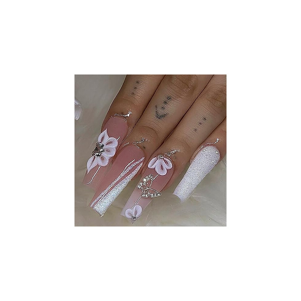 Cream 24Pcs Long Coffin Press On Nails Ombre Nude With Butterfly Charms And Glitter For Women