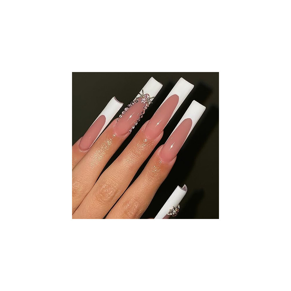 Pink Halloween Press On Nails With Rhinestones Long Square Shape Fake Nails Glossy 24Pcs