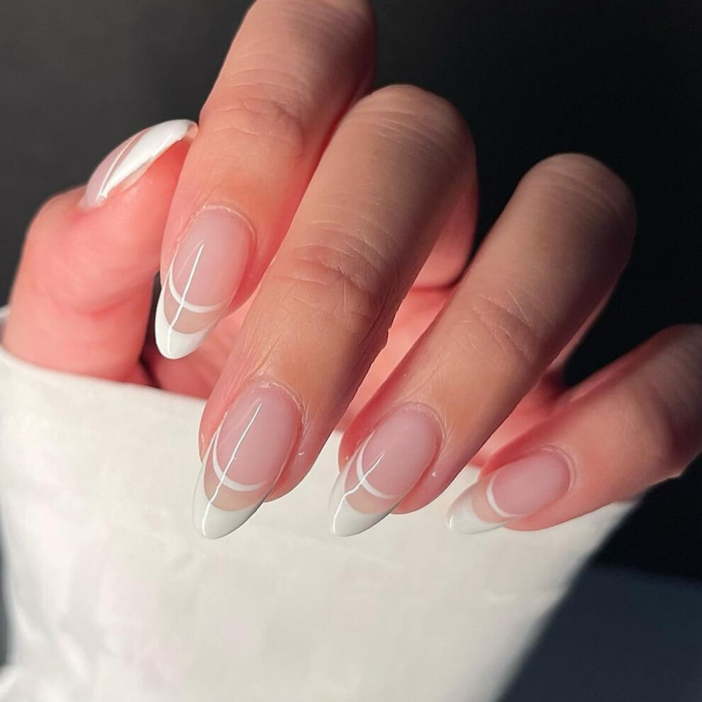 Pink Long Almond Press On Nails Swirl French Tip Fake Acrylic Nails Kit With Glue For Women