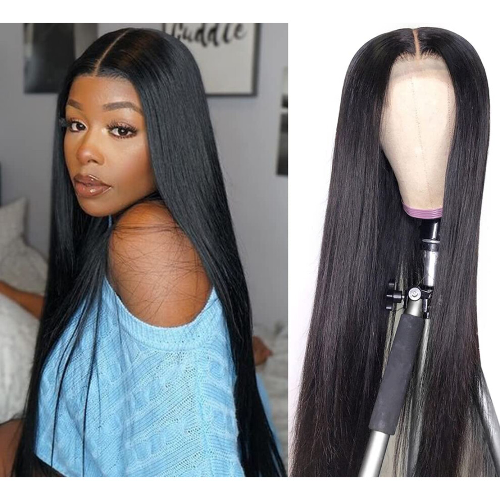 Unisex Black 5X5 Hd Lace Closure Brazilian Straight Human Hair Wig Pre Plucked 180% Density For Women