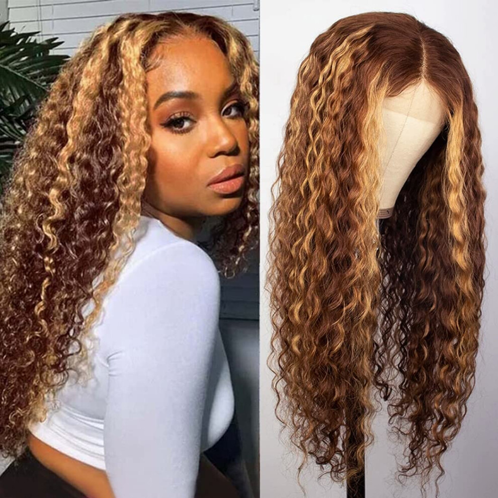 Unisex Black 24 Inch Ombre Highlight Water Wave Human Hair Lace Front Wig For Women 13X1 T Part Pre Plucked Virgin Hair