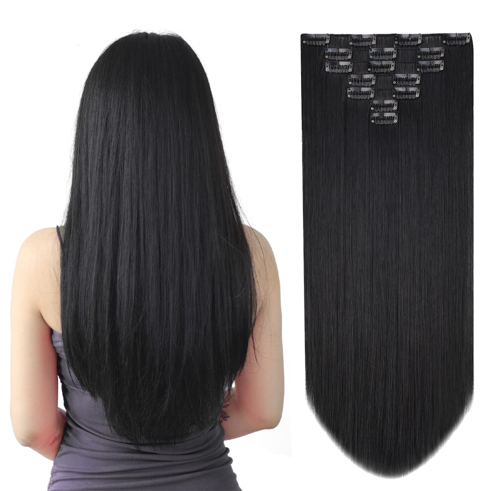 Black Straight Clip In Hair Extensions 22 Inch Synthetic Set with Natural Look and Volume Boost