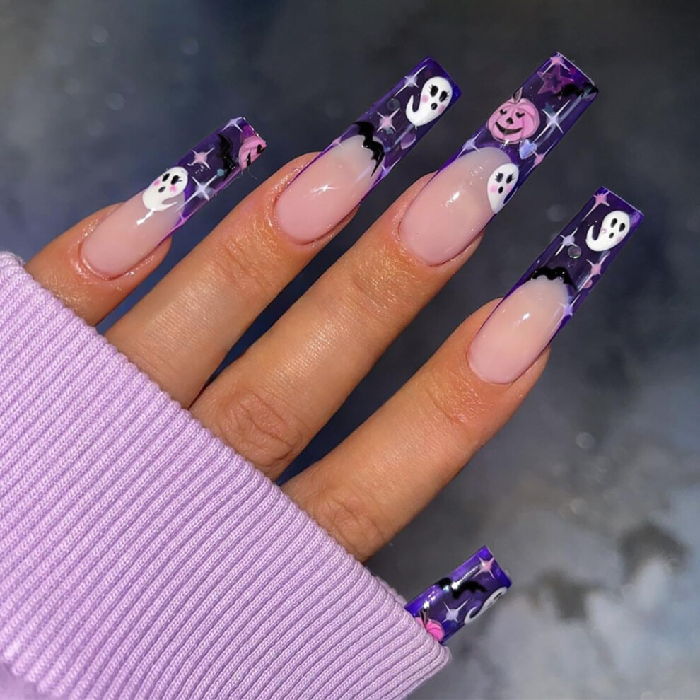 Black Extra Long Halloween Press On Coffin Fake Nails With Ghost Pumpkin And Bat French Tips
