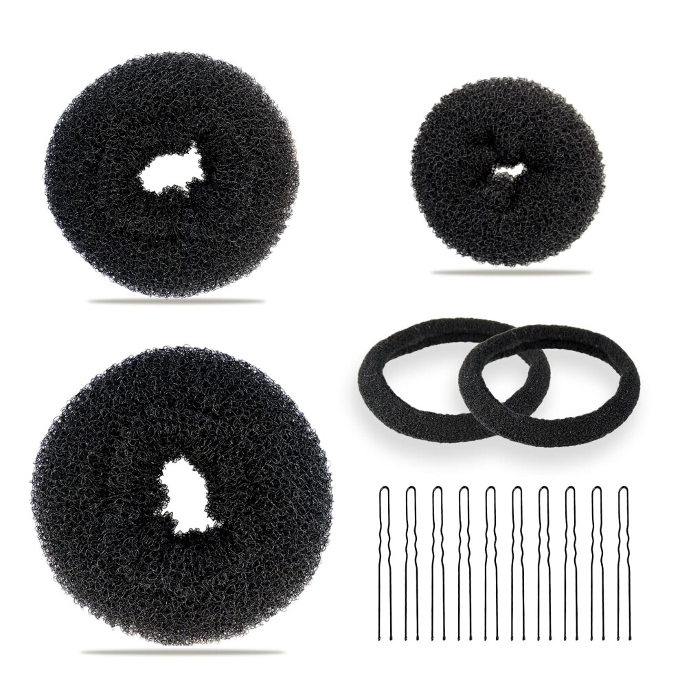 Hair Bun Maker Set with Pins and Bands, Mesh Donut Bun Shaper for Fast Styling, Black for Women and Girls