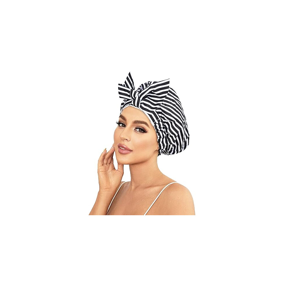 Luxury Satin Waterproof Shower Cap for Women, Large Adjustable Fit for Long Hair with Bowknot