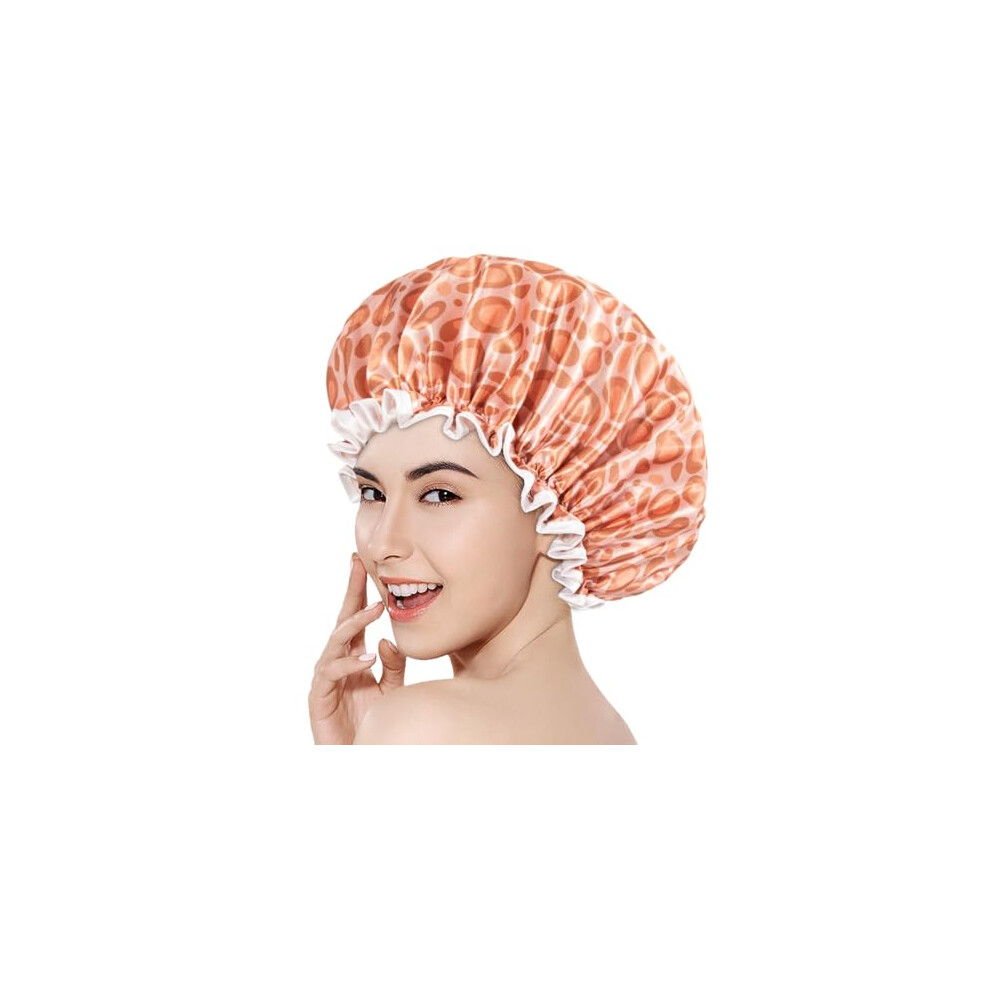 Waterproof Shower Cap for Women, Reusable Double Layer Design for Long Hair, Leopard Print