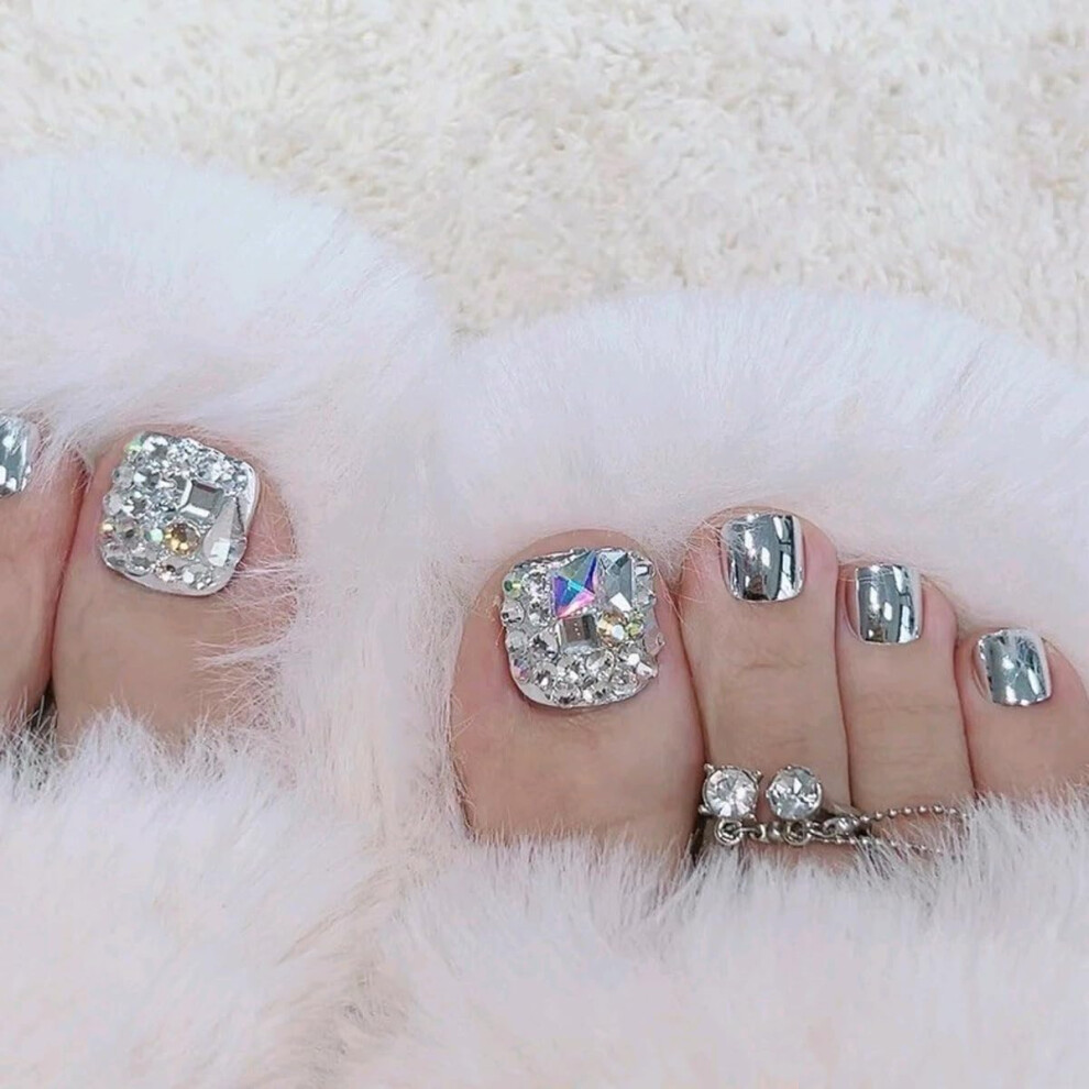 Chrome Rhinestone Press On Toenails Metallic Fake Toenails with Glue Full Cover Acrylic Tips