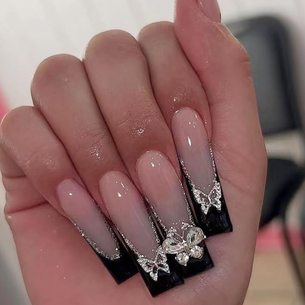 Black Long Coffin Press On Nails Glossy Full Cover Reusable Fake Nails For Women 24Pcs