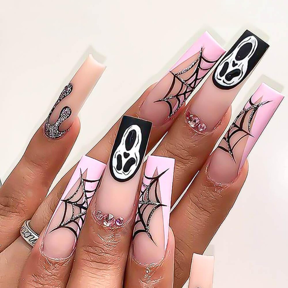 Pink Halloween Press On Nails Gradient Coffin Fake Nails With Spider Skull Design 24Pcs Set