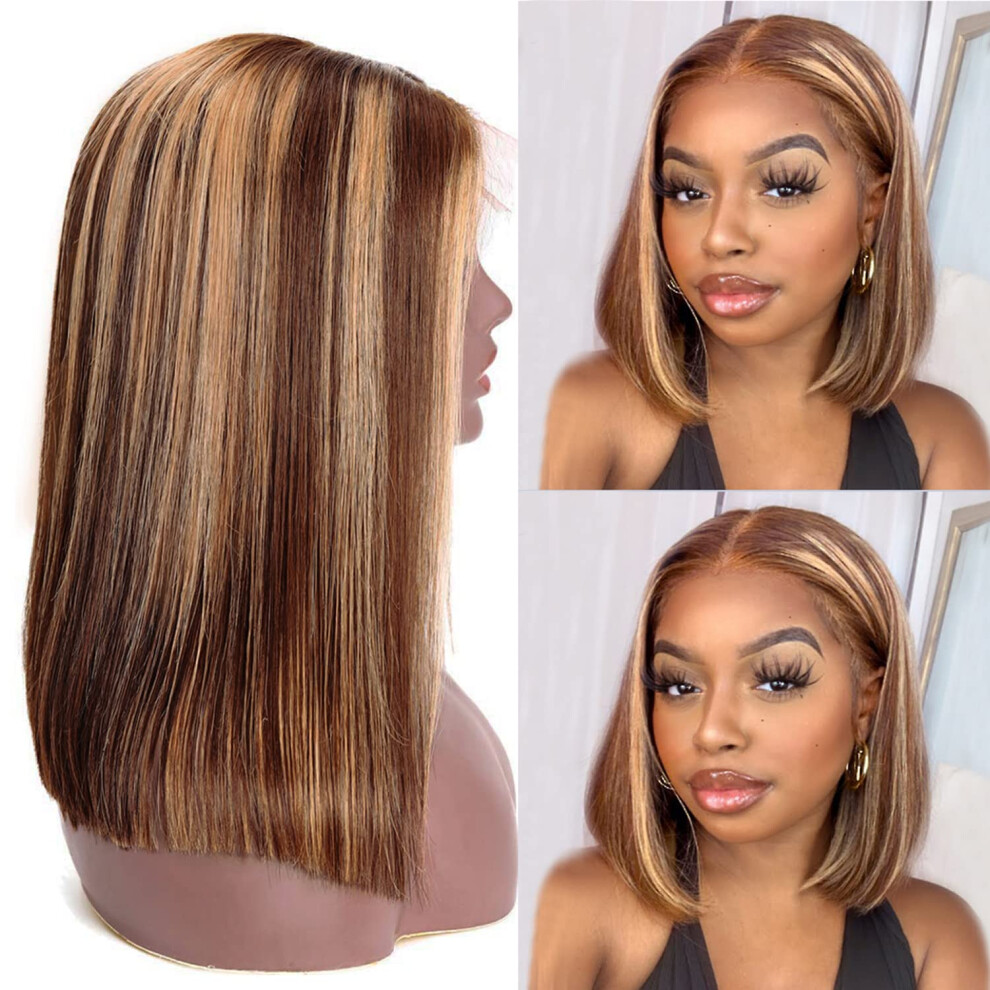 Unisex Brown 14 Inch 4/27 Highlight Bob Wig 13X4 Lace Front Brazilian Human Hair Ombre Honey Pre Plucked