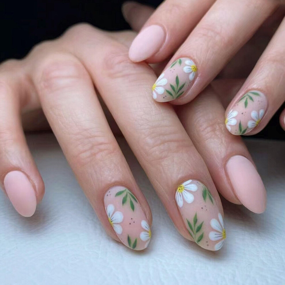 Matte Nude Press on Nails Oval Shape with Green Leaf Design Reusable Medium Length Fake Nails
