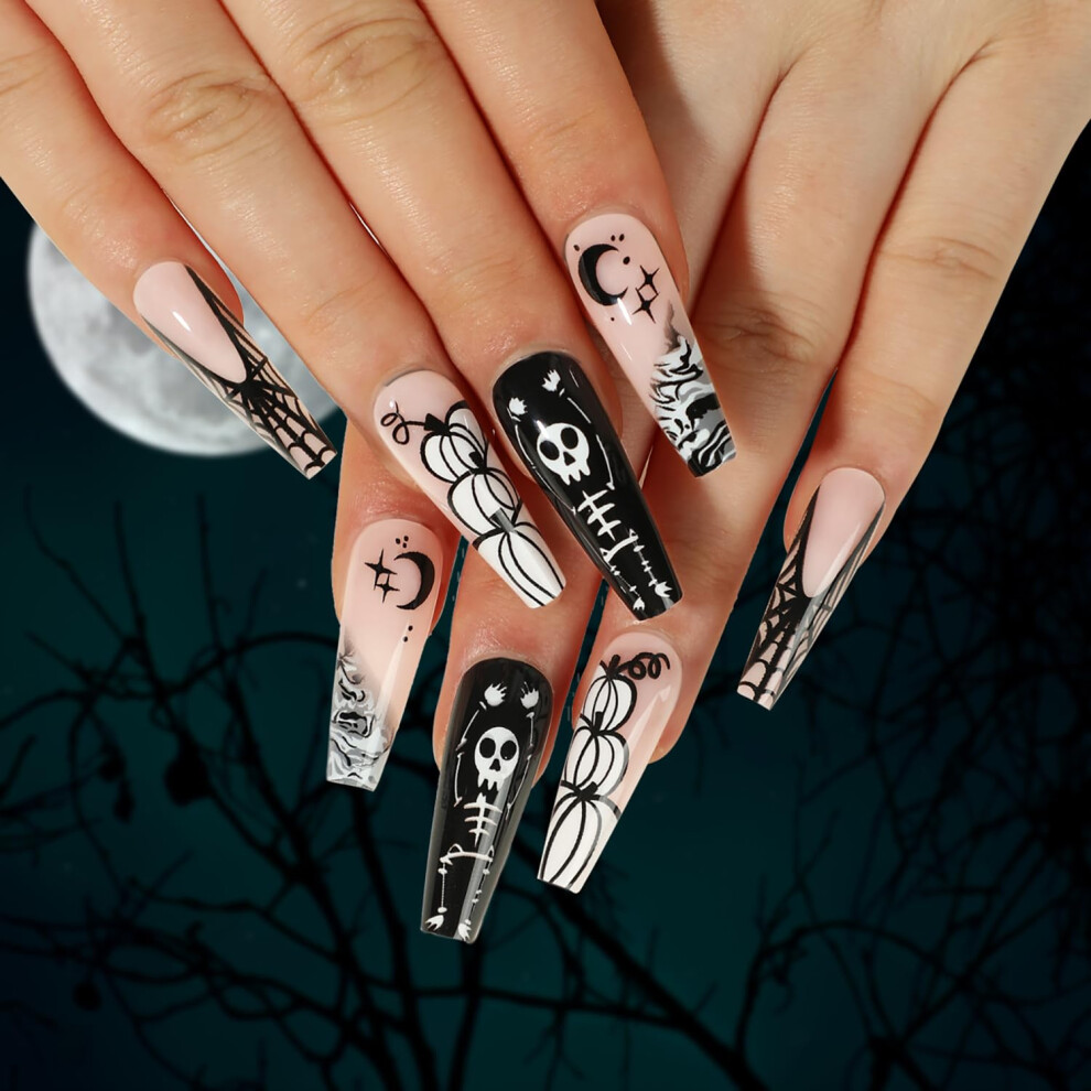 Halloween Coffin Press On Nails Set 24pcs Long Acrylic Fake Nails with Pumpkin and Spider Web Designs