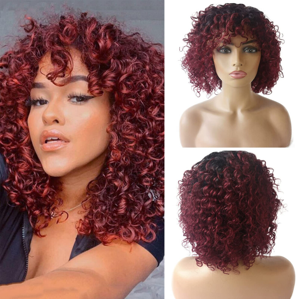 Unisex Black Human Hair Wig For Women Afro Curly Bob With Bangs 12 Inch Ombre Wine Kinky Curls #1B/99J
