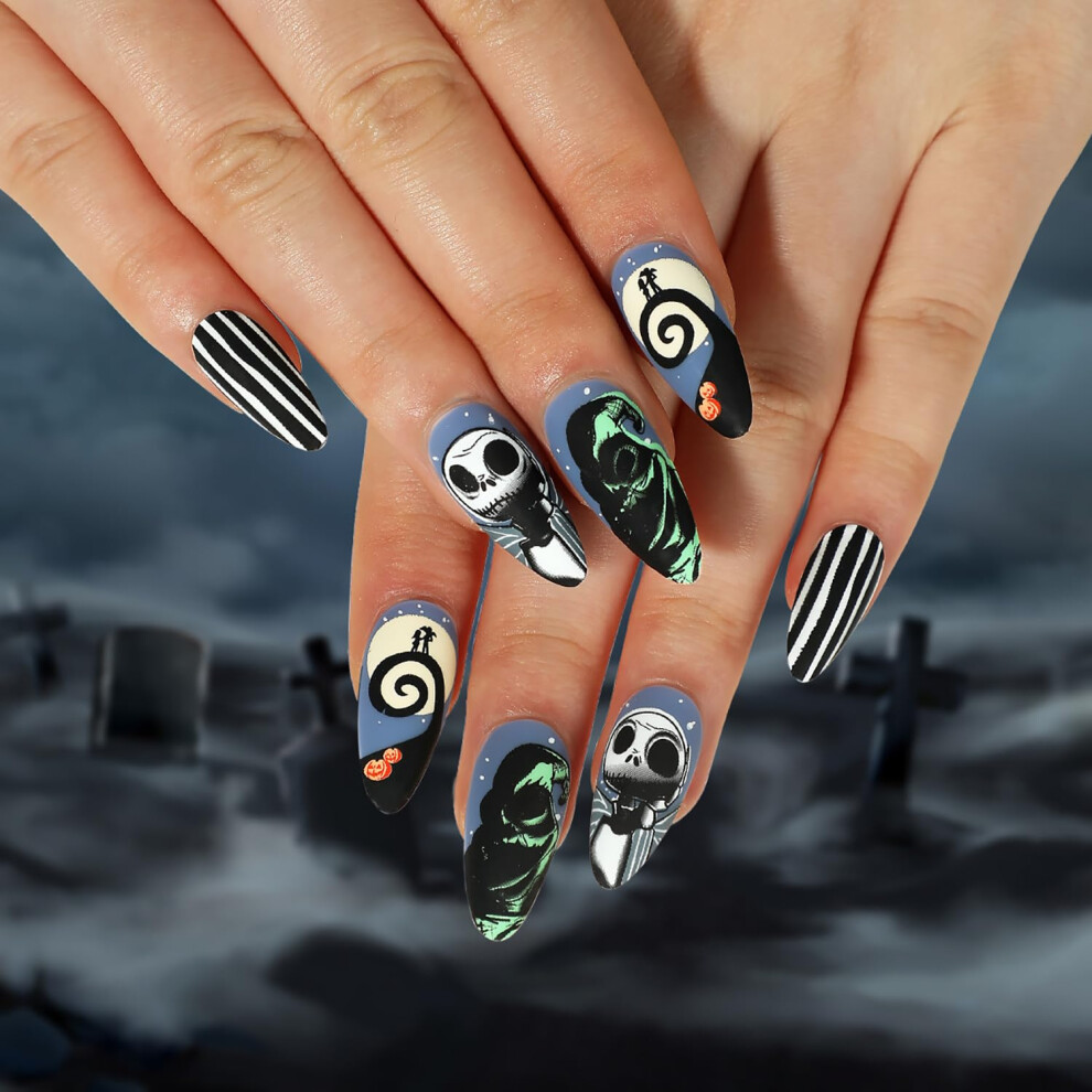 Black Halloween Press On Nails 24Pcs Almond Fake Nails Medium Matte Skull Spider Web Designs