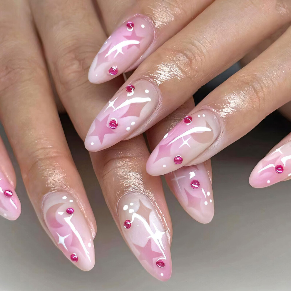 Pink Almond Press On Nails Gradient Ombre With Rhinestones, Medium Glossy Full Cover Fake Nails 24Pcs