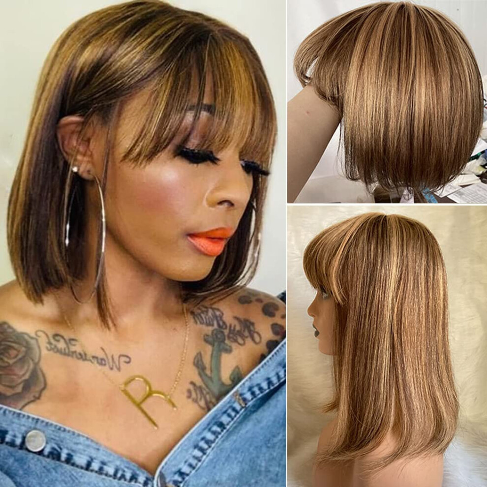 Unisex Human Hair Bob Wig 10 Inch Blonde Highlights With Bangs Brazilian Virgin Straight For Women