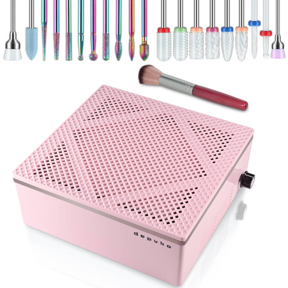 Pink Nail Dust Collector with Adjustable Suction and 20PCS Durable Ceramic Nail Drill Bits