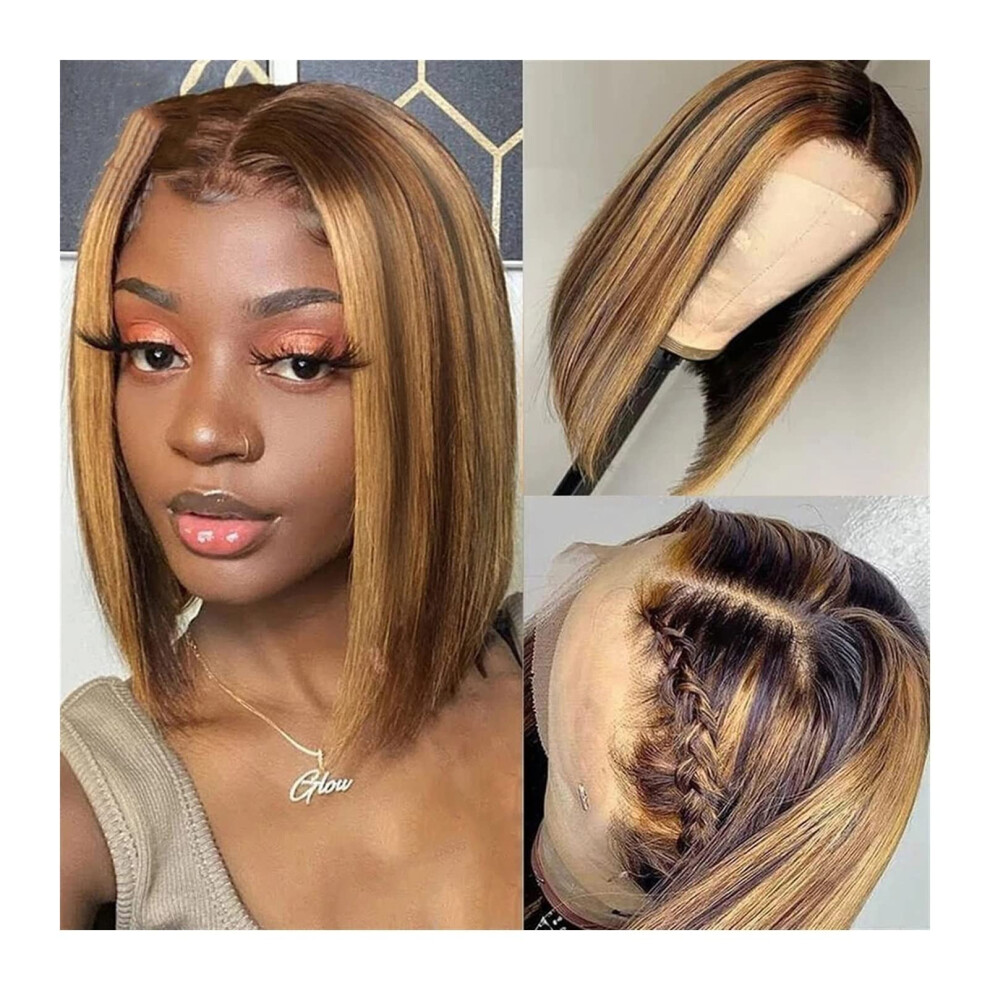 Unisex Brown Brazilian Bob Wigs Human Hair Lace Front 13X1 T Part Honey Highlight Short Bob Natural Hairline