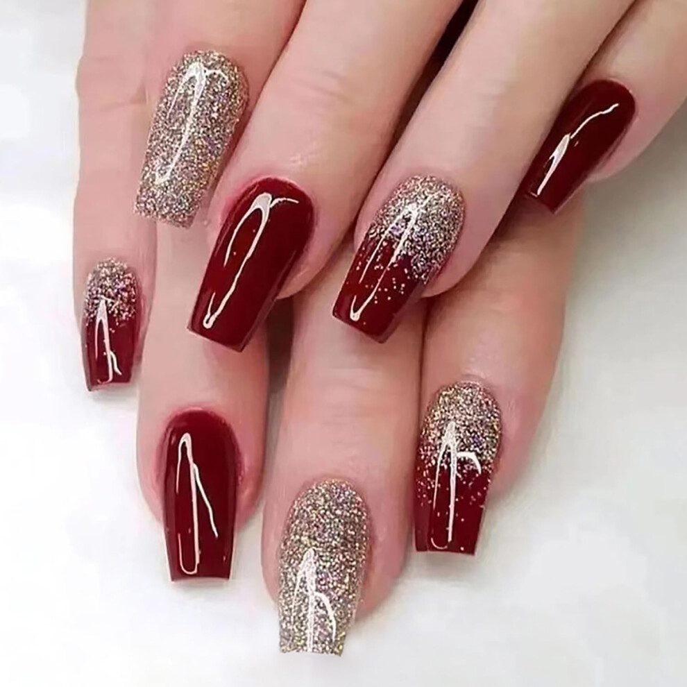 Press On Nails Medium Coffin Fake Nails Red Glitter Gold Foil Reusable Full Cover Set 24Pcs