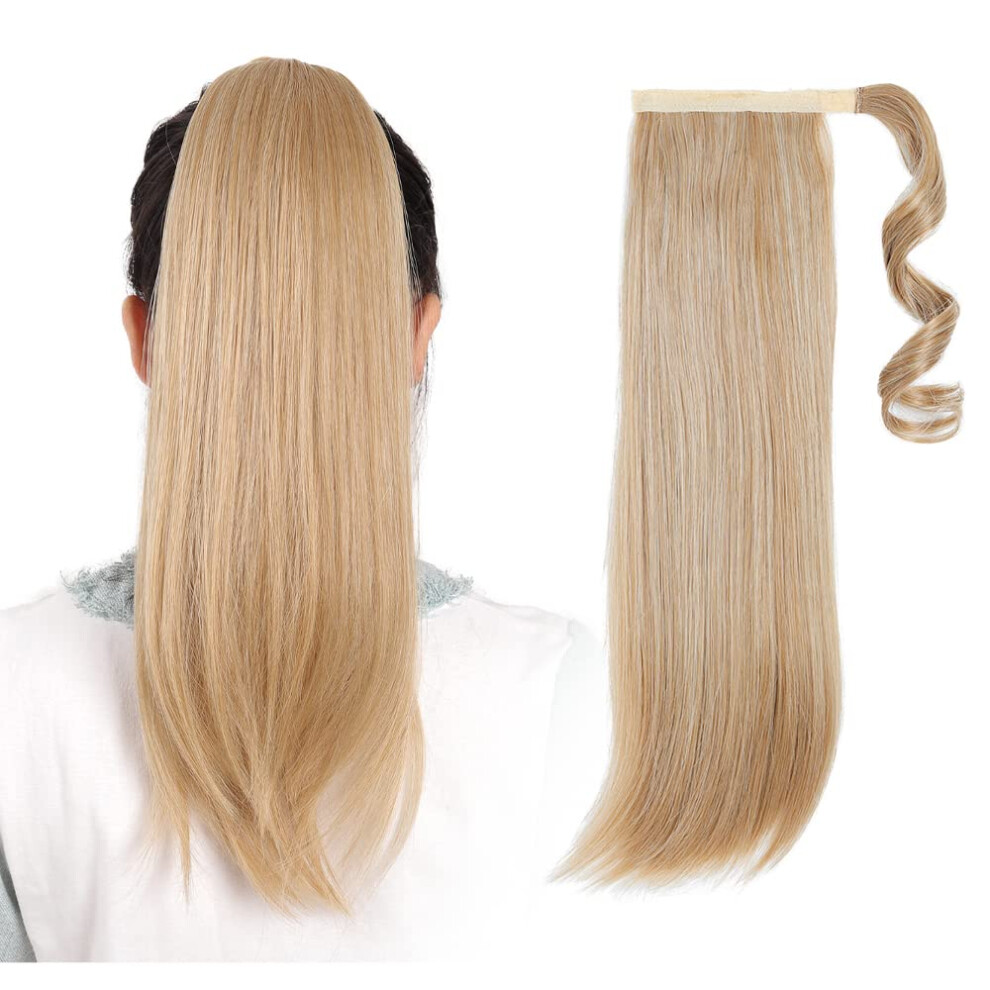Ponytail Hair Extension Wrap Around 18 Inch Golden Brown Blonde Heat Resistant Natural Wave