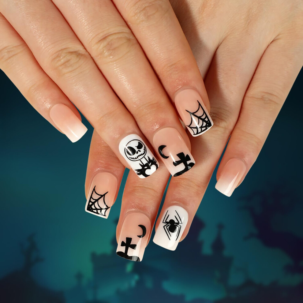 24Pcs Halloween Press on Nails Short Square Spider Web False Nails with Reusable Stickers