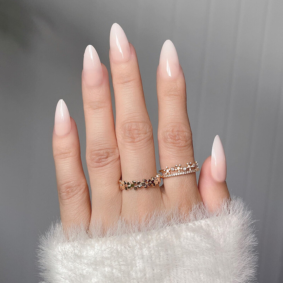 White,Cream Almond Press On Nails Medium Length Glossy Gradient Nude To White Full Cover Acrylic Pointed False Nails