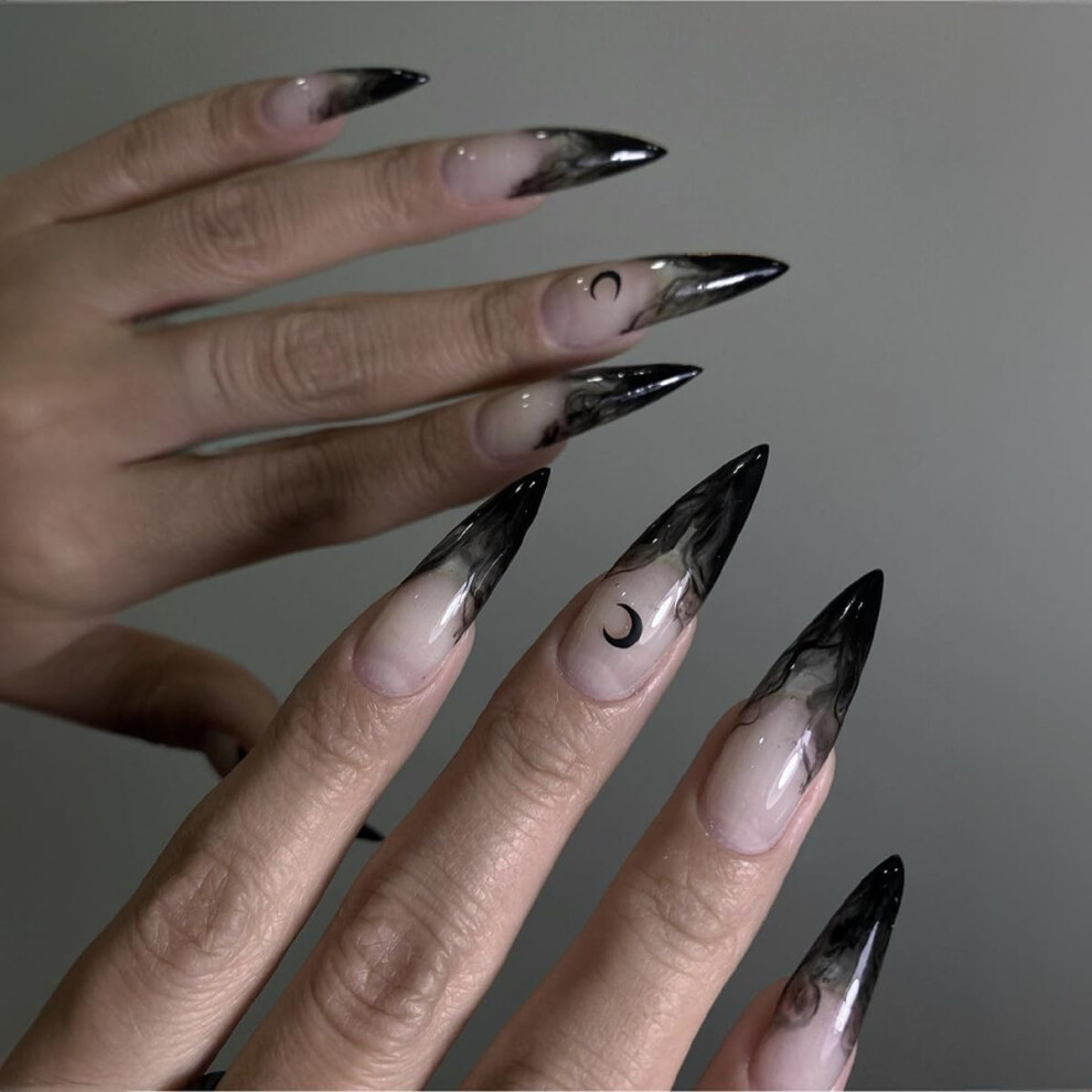 Black Halloween Long Stiletto Press On Nails Moon Gradient Glossy False Nails 24Pcs Reusable