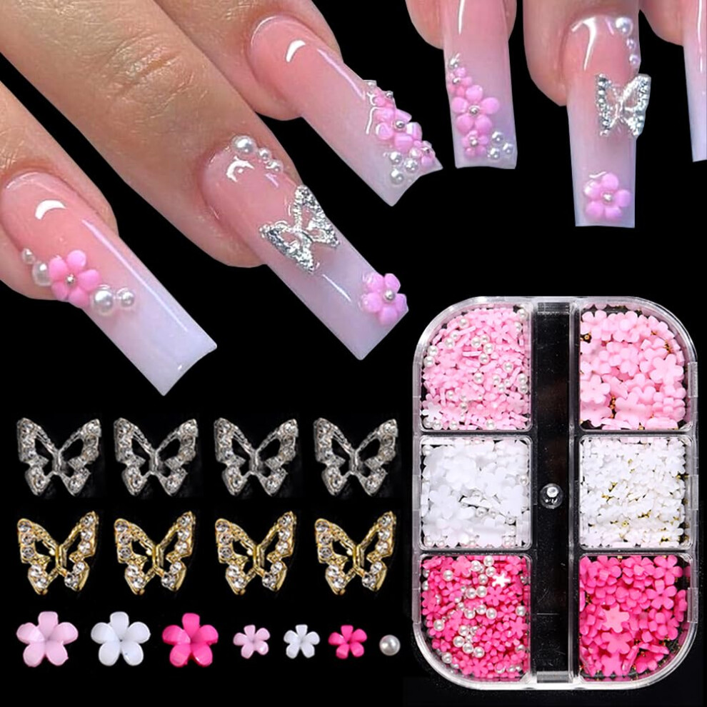 White/Gold/Silver 3D Nail Art Decorations With Pearls, Acrylic Blossom And Butterfly Rhinestones Kit