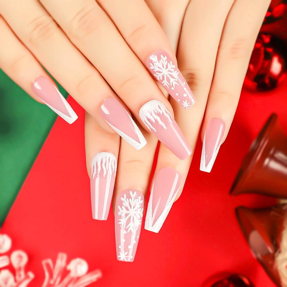 Pink Christmas Gradient Press On Nails Medium Coffin Fake Nails With Snowflake Glossy Full Cover Acrylic 24Pcs