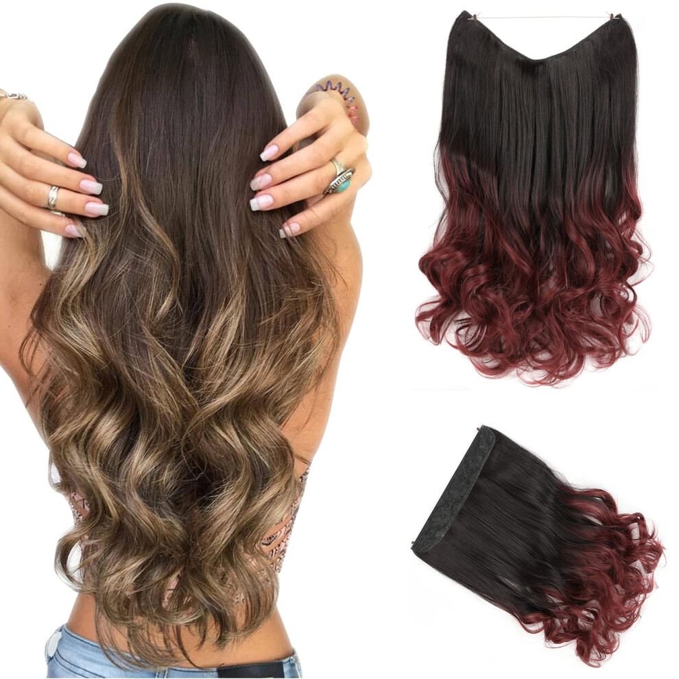 20 Inch Curly Wavy Hair Extensions Synthetic Hairpiece with Invisible Adjustable Wire Ombre Black Wine Red