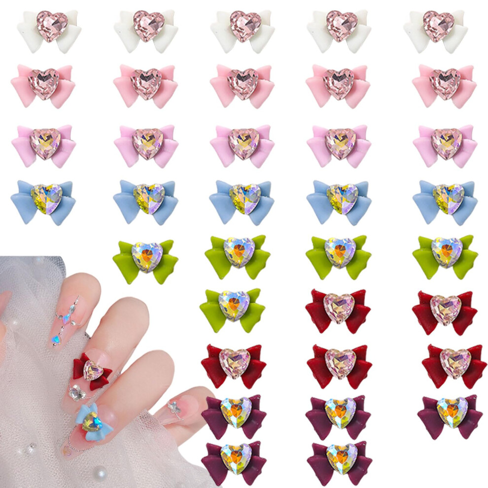 Bow Nail Charms 35 Pcs 3D Resin Bowknot with Rhinestones Colorful Nail Art Decorations for DIY Manicure