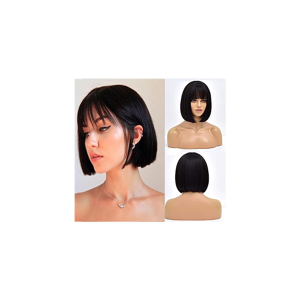 Unisex Bob Wig With Bangs Human Hair Short Blunt Cut Glueless Brazilian 180 Density Natural Hairline 8 Inch
