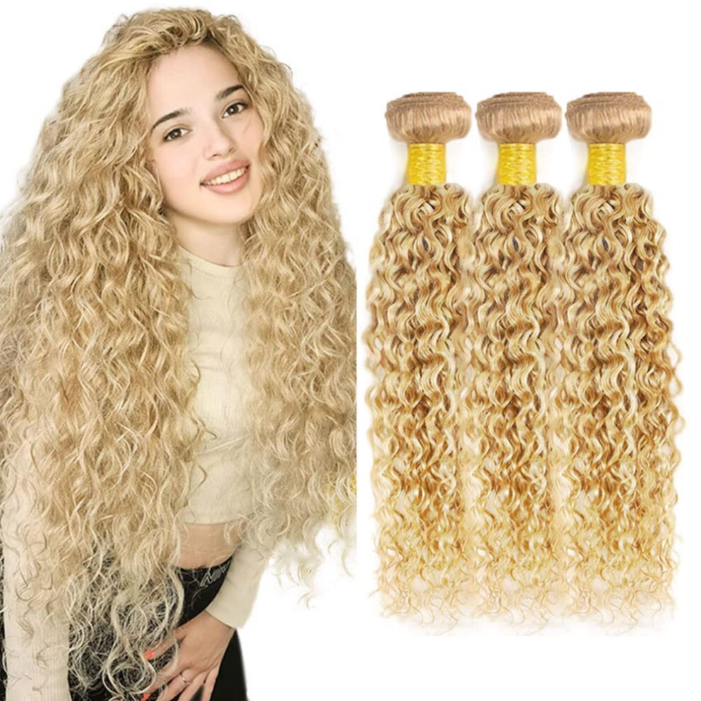 Unisex Black P27/613 Blonde Highlight Curly Wave Human Hair Bundles Brazilian Remy 3 Pack For Women