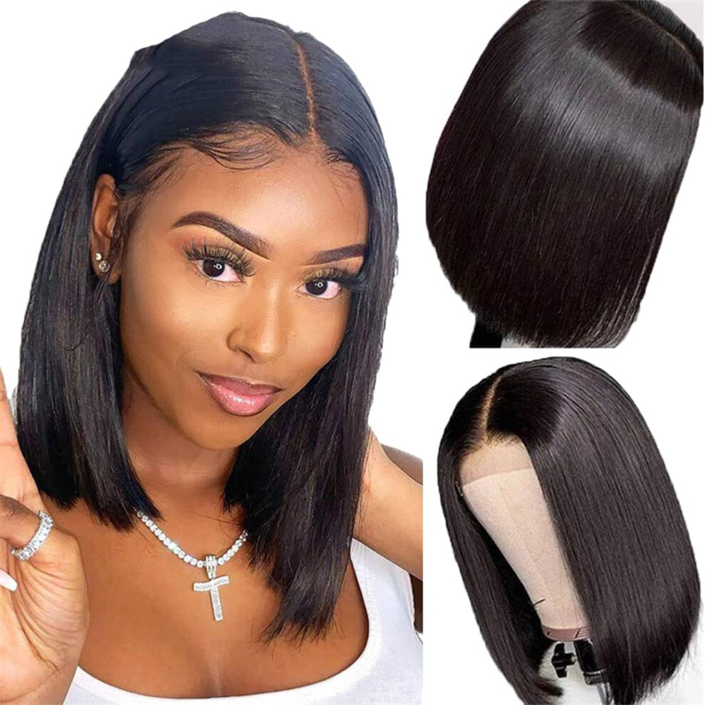 Unisex 12 Inch Brazilian Human Hair Lace Wig Straight Bob Preplucked Closure Natural Hairline 150% Density