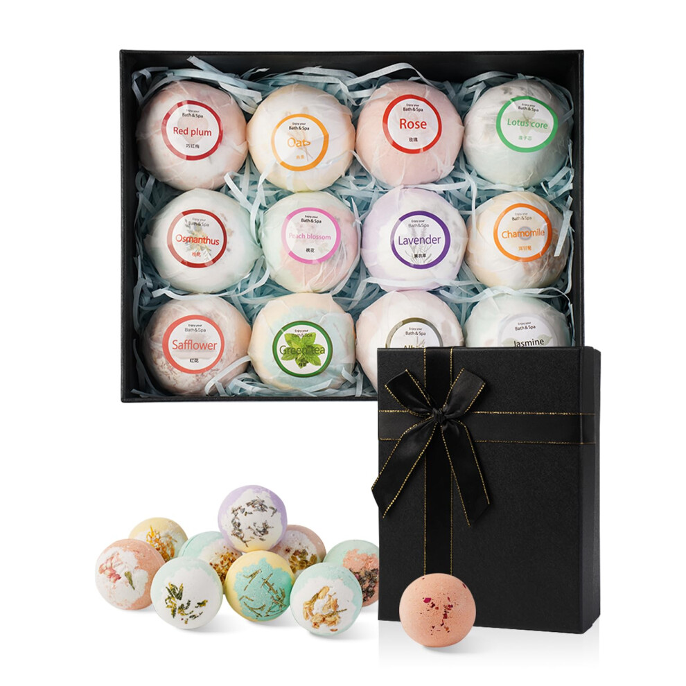 Bath Bombs Gift Set, 12pcs Handmade Natural Fizzies with Shea Butter and Essential Oils for Relaxing Spa