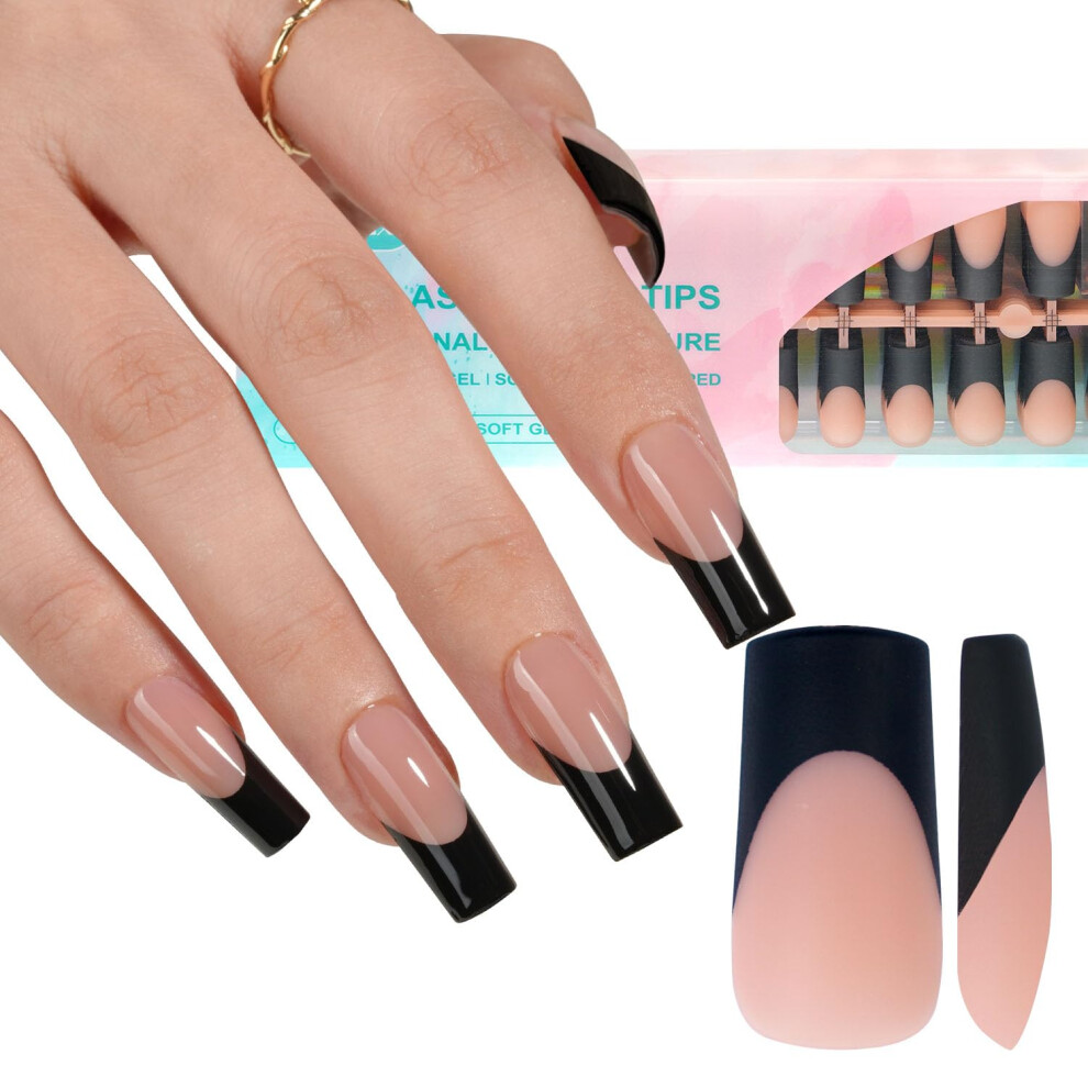 Black French Tip Press On Nails Long Square Gel Nail Tips, 240Pcs, 15 Size Options