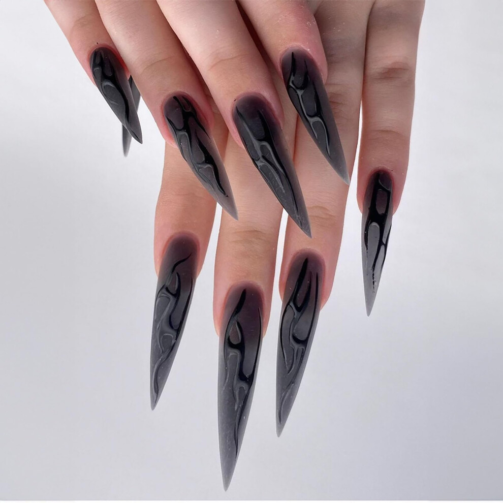 Black Long Stiletto Press On Nails Swirl False Nails For Halloween Instant Salon Look 24Pcs